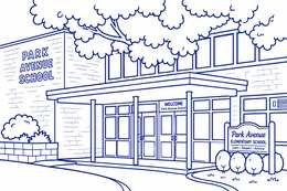 Line art illustration of the Park Avenue Elementary School building with a welcome sign