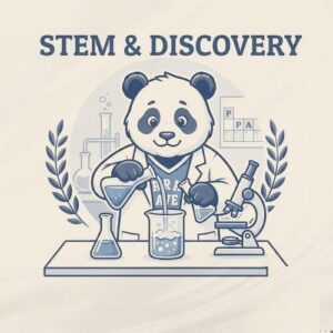 Cartoon panda mascot doing science experiments, representing Park Ave PTA STEM and Discovery programs